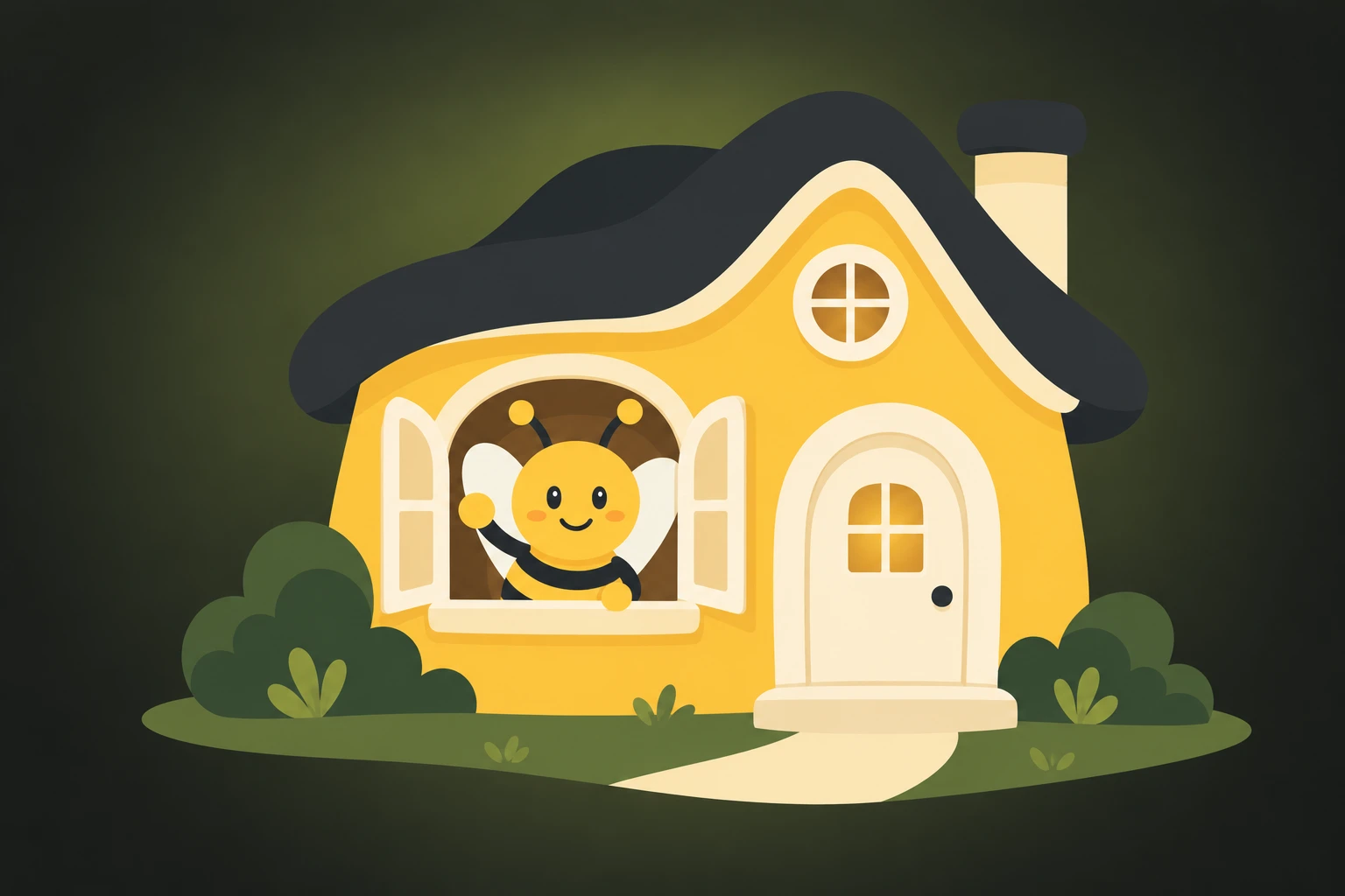 Friendly bee waving from the window of a rounded yellow cottage